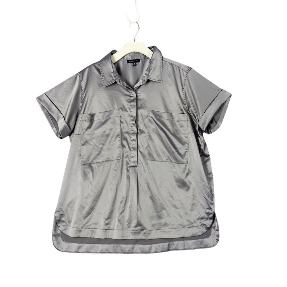 Universal Standard Women Minimalist Satin Button Down Top S 1X Gray Short Sleeve
